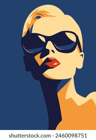 Fashionable girl. Young beautiful fashion woman with sunglasses Abstract female portrait, contemporary design, vector illustration drawing in five colors