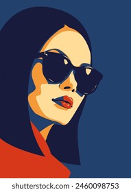 Fashionable girl. Young beautiful fashion woman with sunglasses Abstract female portrait, contemporary design, vector illustration drawing in five colors