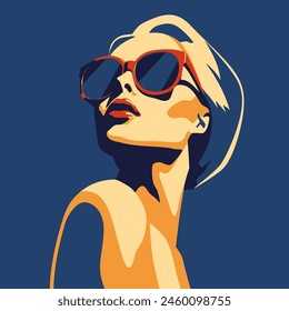 Fashionable girl. Young beautiful fashion woman with sunglasses Abstract female portrait, contemporary design, vector illustration drawing in five colors