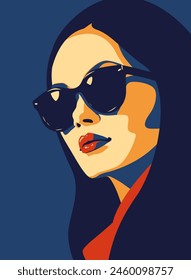 Chica de moda. Joven mujer hermosa de la moda con gafas de sol retrato femenino Abstractas, diseño contemporáneo, dibujo de la Ilustración vectorial en cinco colores