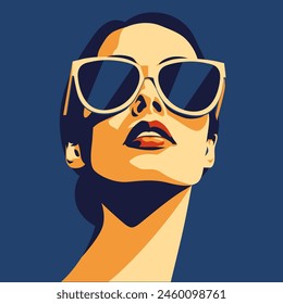 Fashionable girl. Young beautiful fashion woman with sunglasses Abstract female portrait, contemporary design, vector illustration drawing in five colors