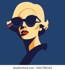 Fashionable girl. Young beautiful fashion woman with sunglasses Abstract female portrait, contemporary design, vector illustration drawing in five colors