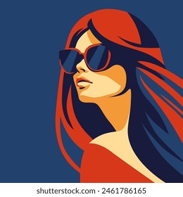 Fashionable girl. Young beautiful fashion woman with sunglasses Abstract female portrait, contemporary design, vector illustration drawing in five colors