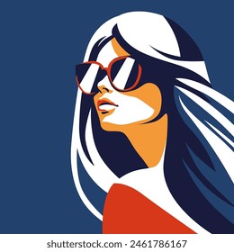 Fashionable girl. Young beautiful fashion woman with sunglasses Abstract female portrait, contemporary design, vector illustration drawing in five colors