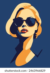 Chica de moda. Joven hermosa mujer de moda con gafas de sol. Abstractas retrato femenino, diseño contemporáneo, Ilustración vectorial de paleta limitada 