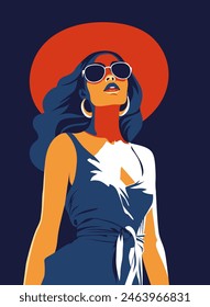 Modisches Mädchen. Junge schöne Modefrau mit Sonnenbrille und Sommerhut. Abstraktes Frauenporträt, zeitgenössisches Design, begrenzte Palette Vektorillustration 