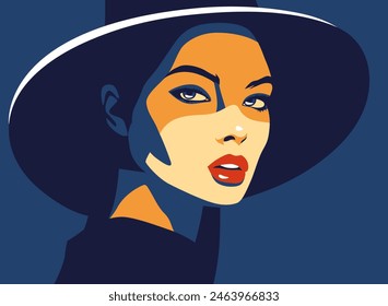 Chica de moda. Joven hermosa mujer de moda con gafas de sol y sombrero de verano. Abstractas retrato femenino, diseño contemporáneo, Ilustración vectorial de paleta limitada 