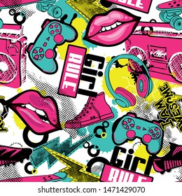 Fashionable girlish seamless pattern with lips, joystick, headphones, music. Seamless cool background.Repeated bright pattern for  textile, sport clothes, wrapping paper,  T-shirts,  web. 
