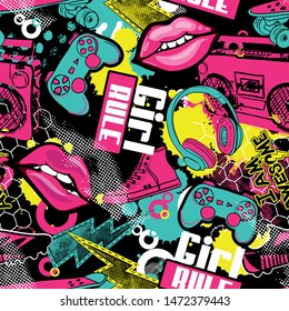 Fashionable girlish seamless pattern with lips, joystick, headphones, music. Seamless cool background.Repeated bright pattern for  textile, sport clothes, wrapping paper,  T-shirts,  web. 
