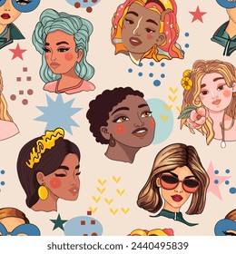 Fashionable girls different seamless patterns. Female model, sunglasses, red lipstick background, various geometric details. Vector illustration. Glamor texture. Wow pop art face.