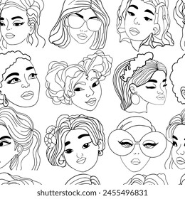 Fashionable girls different seamless patterns. Female model, sunglasses, red lipstick background, various geometric details. Vector illustration. Glamor texture. Wow pop art face.