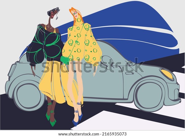 Fashionable girls on the background of the\
car. Street style. International friendship. Colorful street\
fashion illustration. Street fashion girl. Vector magazine\
illustration. Fashion\
illustration.