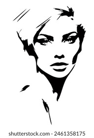 Fashionable girl's portrait. Young beautiful fashion woman. Abstract female face, contemporary design, vector illustration drawing in two colors