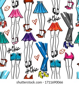 fashionable girls seamless pattern. Hand drawn girls pattern with 
with jeans, skirts, shoes.
