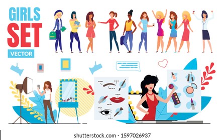 Fashionable Girls Trendy Flat Vector Multinational Characters Set. Happy Women, Female Student Standing in Various Poses, Beauty Video Blogger Filming Vlog, Business Lady Drinking Wine Illustrations