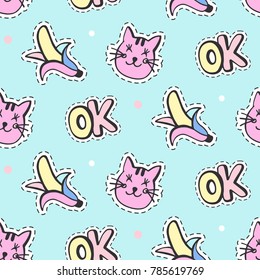 Fashionable Girl's vector patches seamless pattern background. Comic stickers, pins, patches doodle in cartoon pop art 80s-90s style. Vector illustration