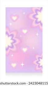 Fashionable glamorous blurred background with y2k hearts. Story background with gradient aesthetic heart aura with linear orbit and sparkles or stars. Social networking concept. Vector illustration.