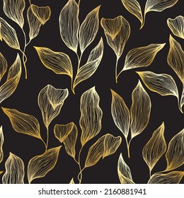 Fashionable gold black lily of the valley leaves seamless pattern vector graphic design. Textile print with metallic gold leaves foliage on black. Premium fabric print. Line texture. Chic design.