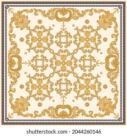 Fashionable gold chain pattern, Baroque scrolls, sea anchors, Pearl shell print on a light beige background. Scarf, bandana, neckerchief, kerchief, silk textile patch, carpet