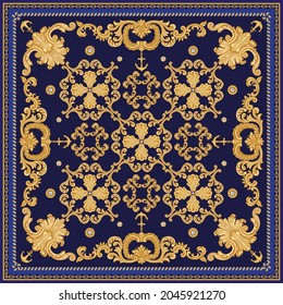 Fashionable gold chain pattern, Baroque scrolls, sea anchors, Pearl shell print on a dark blue background. Scarf, bandana, neckerchief, kerchief, silk textile patch, carpet