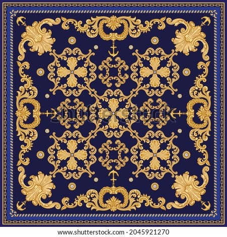 Fashionable gold chain pattern, Baroque scrolls, sea anchors, Pearl shell print on a dark blue background. Scarf, bandana, neckerchief, kerchief, silk textile patch, carpet Foto stock © 