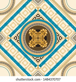 Fashionable Golden chains, diagonal jewelry accessories, blue belts and straps seamless rhombus pattern on a beige background. Baroque silk textile print, Batik fashion ornament, meander wallpaper