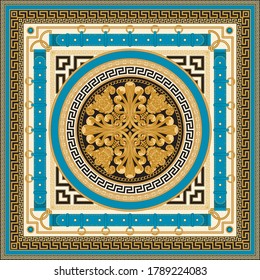 Fashionable Golden chains, Greek meander waves, blue belts and straps, jewelry accessories, cables on beige, black a on a turquoise background. Baroque silk shawl textile print, Batik bandana border