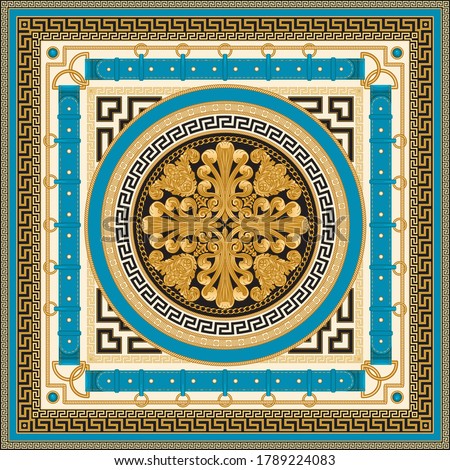 Fashionable Golden chains, Greek meander waves, blue belts and straps, jewelry accessories, cables on beige, black a on a turquoise background. Baroque silk shawl textile print, Batik bandana border Foto stock © 