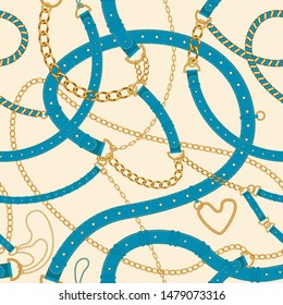 Fashionable Golden chains, jewelry accessories, blue belts and straps seamless pattern on a beige background. Baroque silk textile print, Batik fashion ornament, wallpaper, wrapping paper