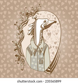 Fashionable goose painted on the background with hearts in retro style. Beige gamut. freehand drawing vector.Can be used for banners, cards, covers, etc.