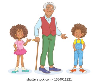 Fashionable grandfather with grandson and granddaughter.  In cartoon style. Isolated on white background. Vector illustration.