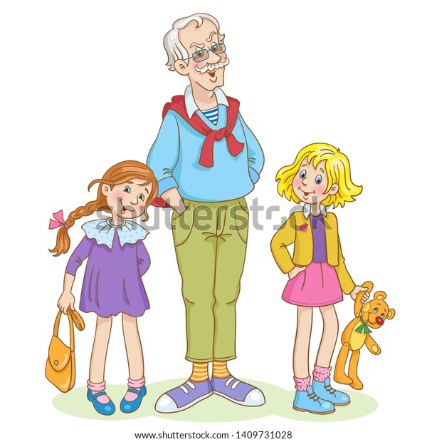Fashionable Grandfather Two Granddaughters Cartoon Style Stock Vector ...
