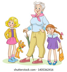 Fashionable grandmother with two granddaughters.  In cartoon style. Isolated on white background. Vector illustration.