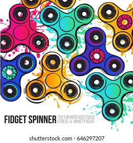 Fashionable greeting card with fidget spinner text info. Fidget spinner hand drawn fashion illustration with paint splashes.