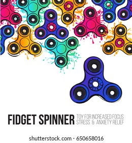 Fashionable greeting card with fidget spinner text info. Fidget spinner hand drawn fashion illustration