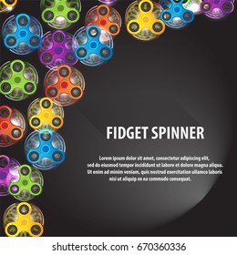 Fashionable greeting card with fidget spinner text info vector illustration. Many colorful spinner and place for text