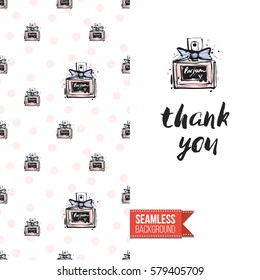 Fashionable greeting card for vogue girls, women illustrated in watercolor style. Seamless pattern background with fashion accessories. Inscription: thank you. Vector template.