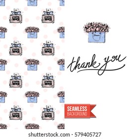 Fashionable greeting card for vogue girls, women illustrated in watercolor style. Seamless pattern background with fashion accessories. Inscription: thank you. Vector template.
