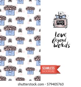 Fashionable greeting card for vogue girls, women illustrated in watercolor style. Seamless pattern background with fashion accessories. Inscription: love beyond words. Vector template.