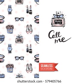 Fashionable greeting card for vogue girls, women illustrated in watercolor style. Seamless pattern background with fashion accessories. Inscription: call me. Vector template.