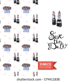 Fashionable greeting card for vogue girls, women illustrated in watercolor style. Seamless pattern background with fashion accessories. Inscription: save the date. Vector template.