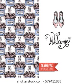Fashionable greeting card for vogue girls, women illustrated in watercolor style. Seamless pattern background with fashion accessories. Inscription: welcome. Vector template.