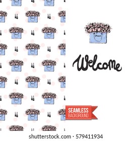 Fashionable greeting card for vogue girls, women illustrated in watercolor style. Seamless pattern background with fashion accessories. Inscription: welcome. Vector template.