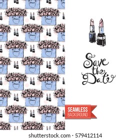 Fashionable greeting card for vogue girls, women illustrated in watercolor style. Seamless pattern background with fashion accessories. Inscription: save the date. Vector template.
