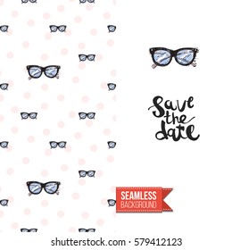 Fashionable greeting card for vogue girls, women illustrated in watercolor style. Seamless pattern background with fashion accessories. Inscription: save the date. Vector template.