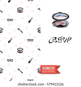 Fashionable greeting card for vogue girls, women illustrated in watercolor style. Seamless pattern background with fashion accessories. Inscription: rsvp. Vector template.