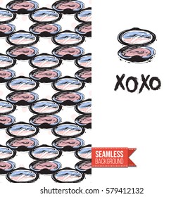 Fashionable greeting card for vogue girls, women illustrated in watercolor style. Seamless pattern background with fashion accessories. Inscription: xoxo. Vector template.