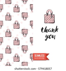 Fashionable greeting card for vogue girls, women illustrated in watercolor style. Seamless pattern background with fashion accessories. Inscription: thank you. Vector template.