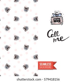 Fashionable greeting card for vogue girls, women illustrated in watercolor style. Seamless pattern background with fashion accessories. Inscription: call me. Vector template.