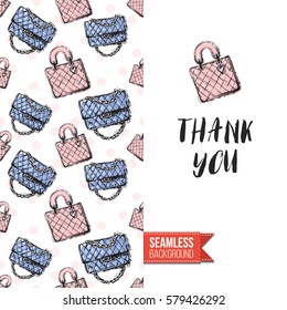 Fashionable greeting card for vogue girls, women illustrated in watercolor style. Seamless pattern background with fashion accessories. Inscription: thank you. Vector template.